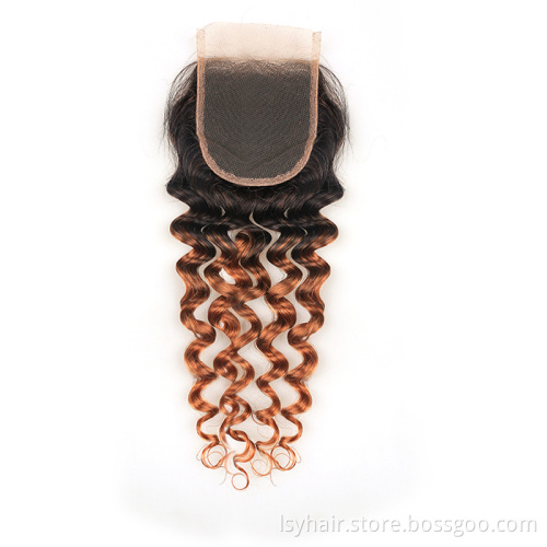 Ombre Dark Brown T1B 30 Brazilian Deep Curly Human Hair Weave Bundles With Middle Part Closure 4*4  Hair Extension With Closure
